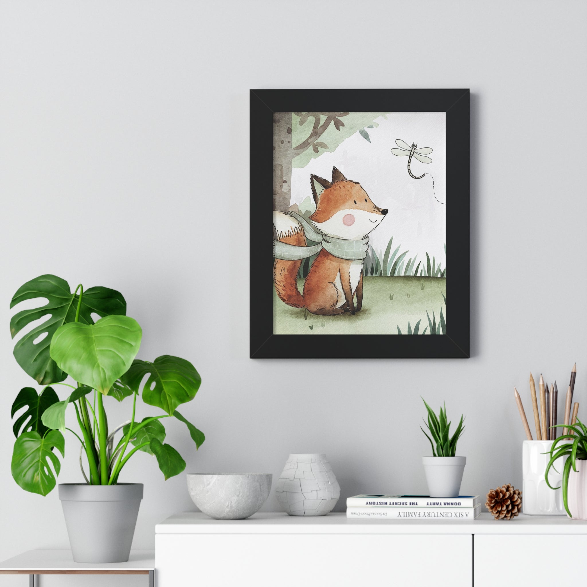 Fox Nursery Framed Poster — Cute Fox & Dragonfly Wall Art for Kids' Room