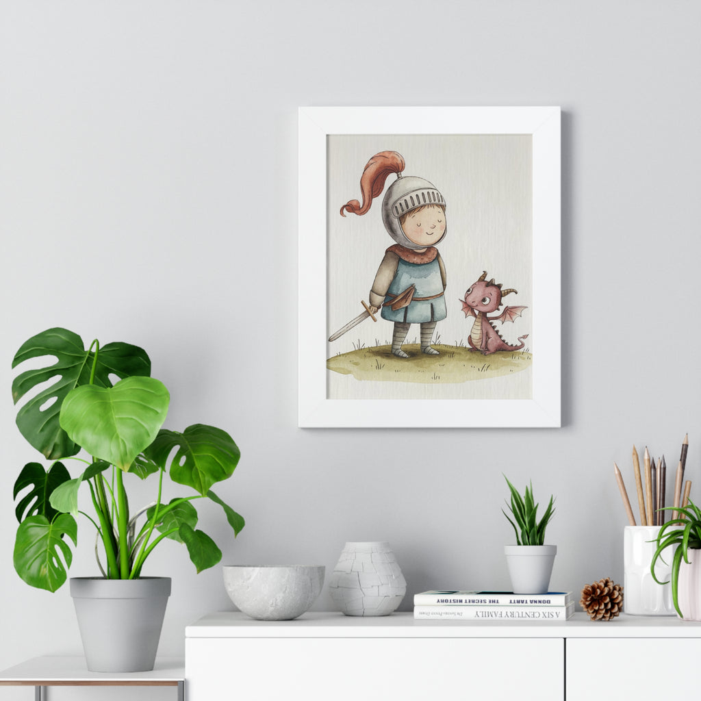 Knight and Dragon Framed Poster — Cute Nursery Wall Art