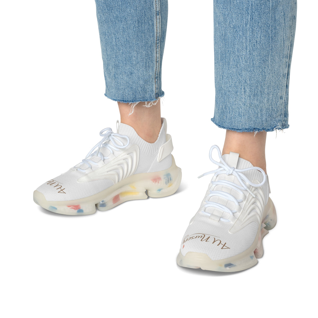 Women's Mesh Sneakers — Lightweight White Knit Runners with Colorful Sole & '4U Nursery' Script
