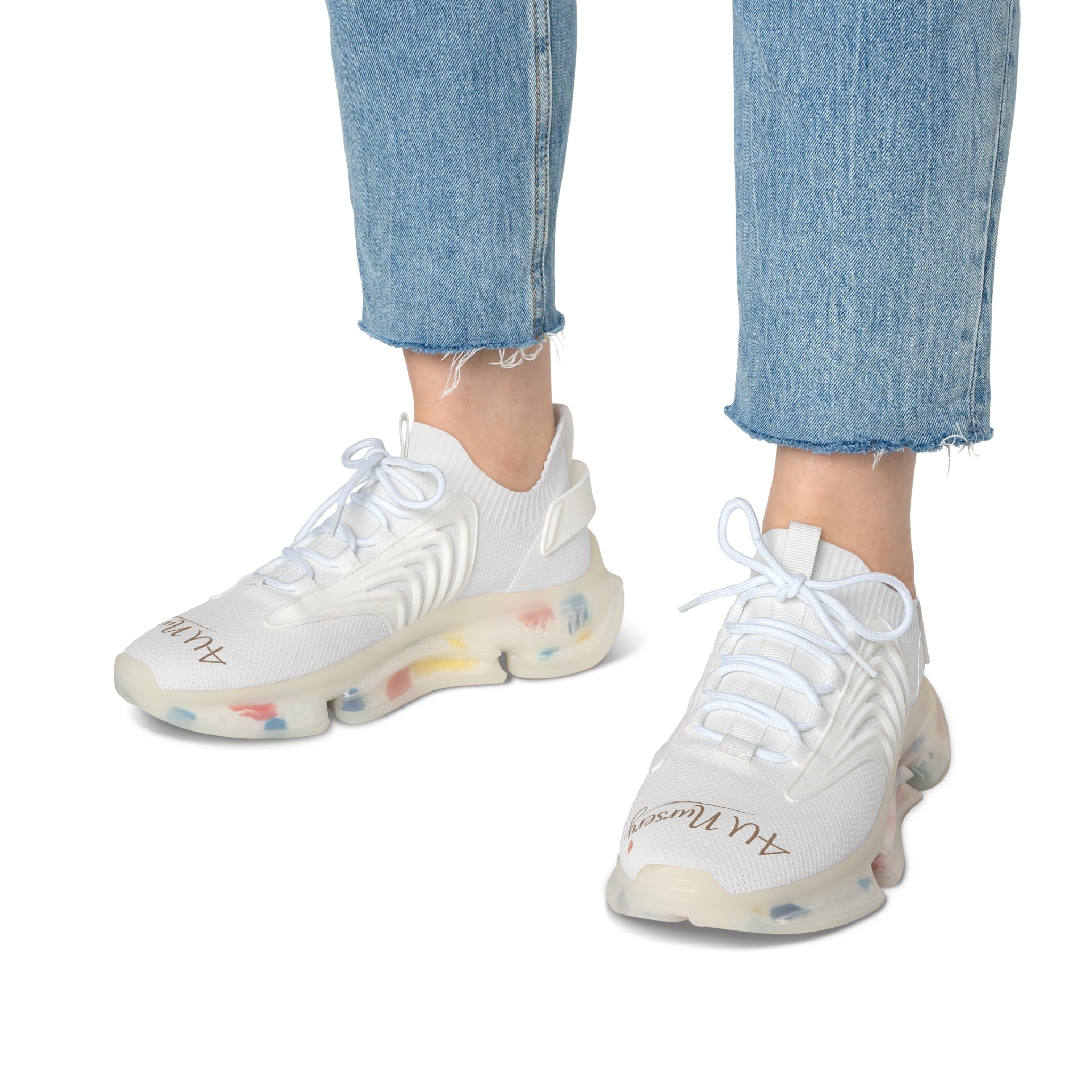 Women's Mesh Sneakers — Lightweight White Knit Runners with Colorful Sole & '4U Nursery' Script