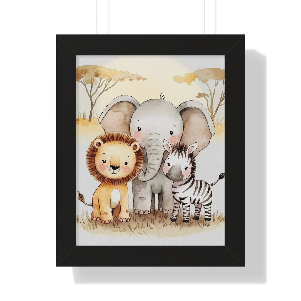 Safari Nursery Framed Poster — Cute Lion, Elephant & Zebra Wall Art