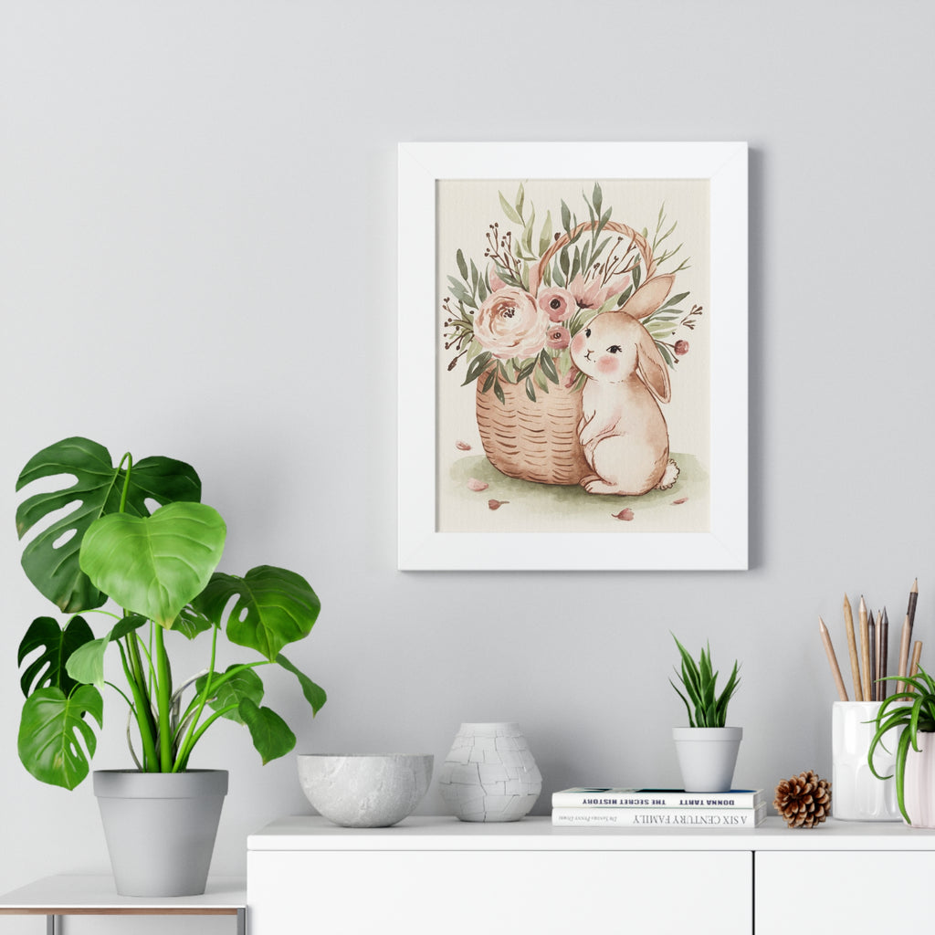 Bunny & Floral Basket Framed Vertical Poster — Nursery Wall Art