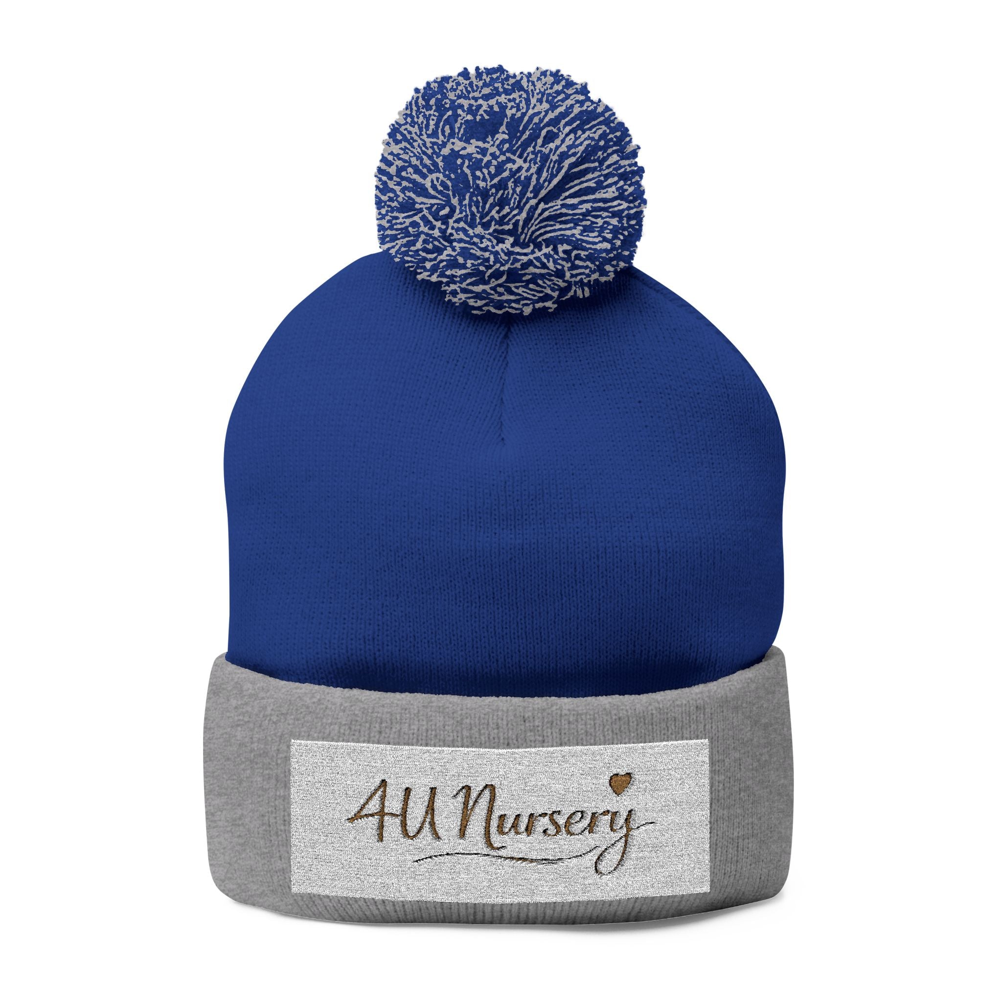 Embroidered Pom-Pom Beanie — "All Nursery" Heart Knit Cap