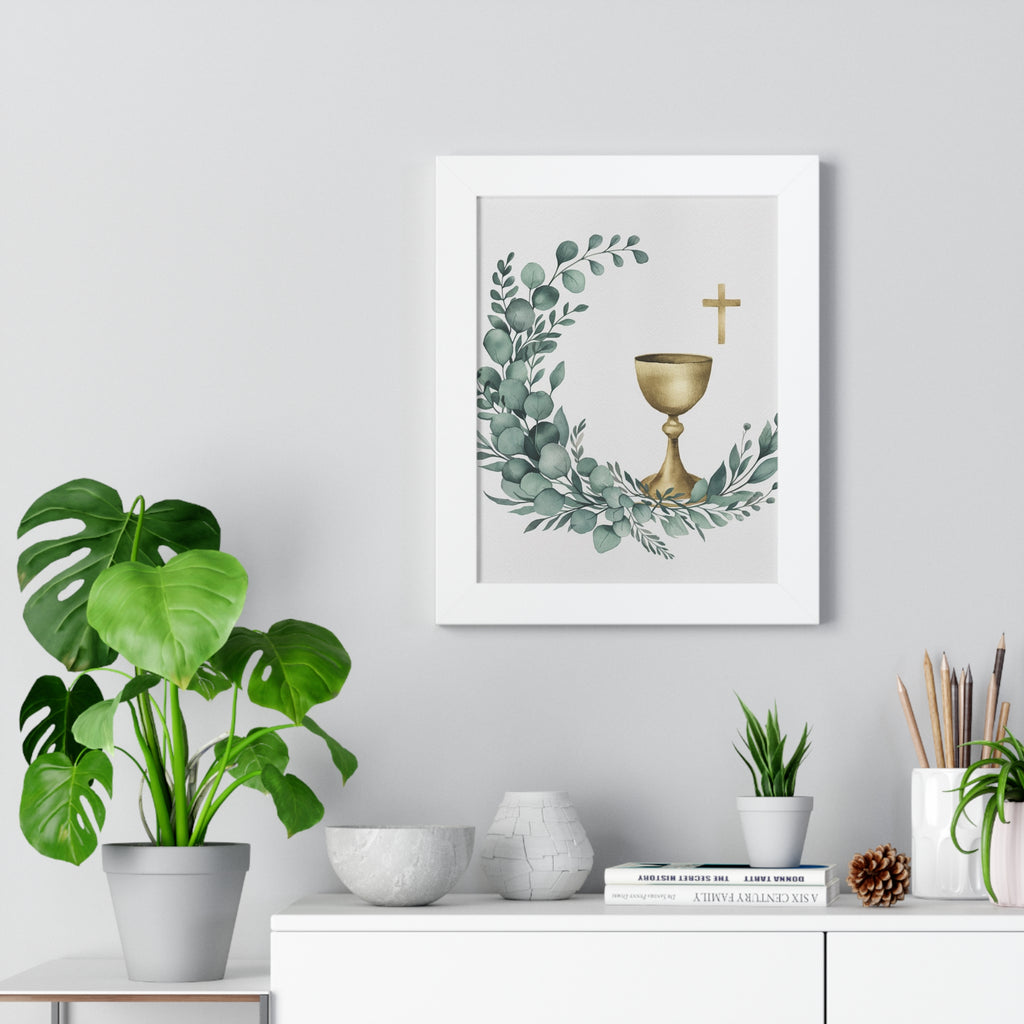 First Communion Chalice Wall Art — Framed Religious Poster with Greenery