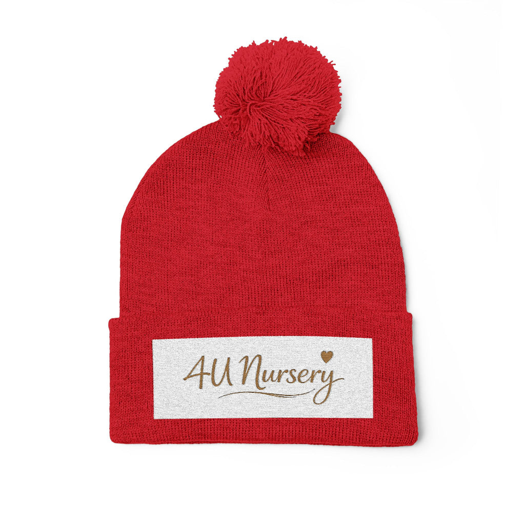 Embroidered Pom-Pom Beanie — "All Nursery" Heart Knit Cap