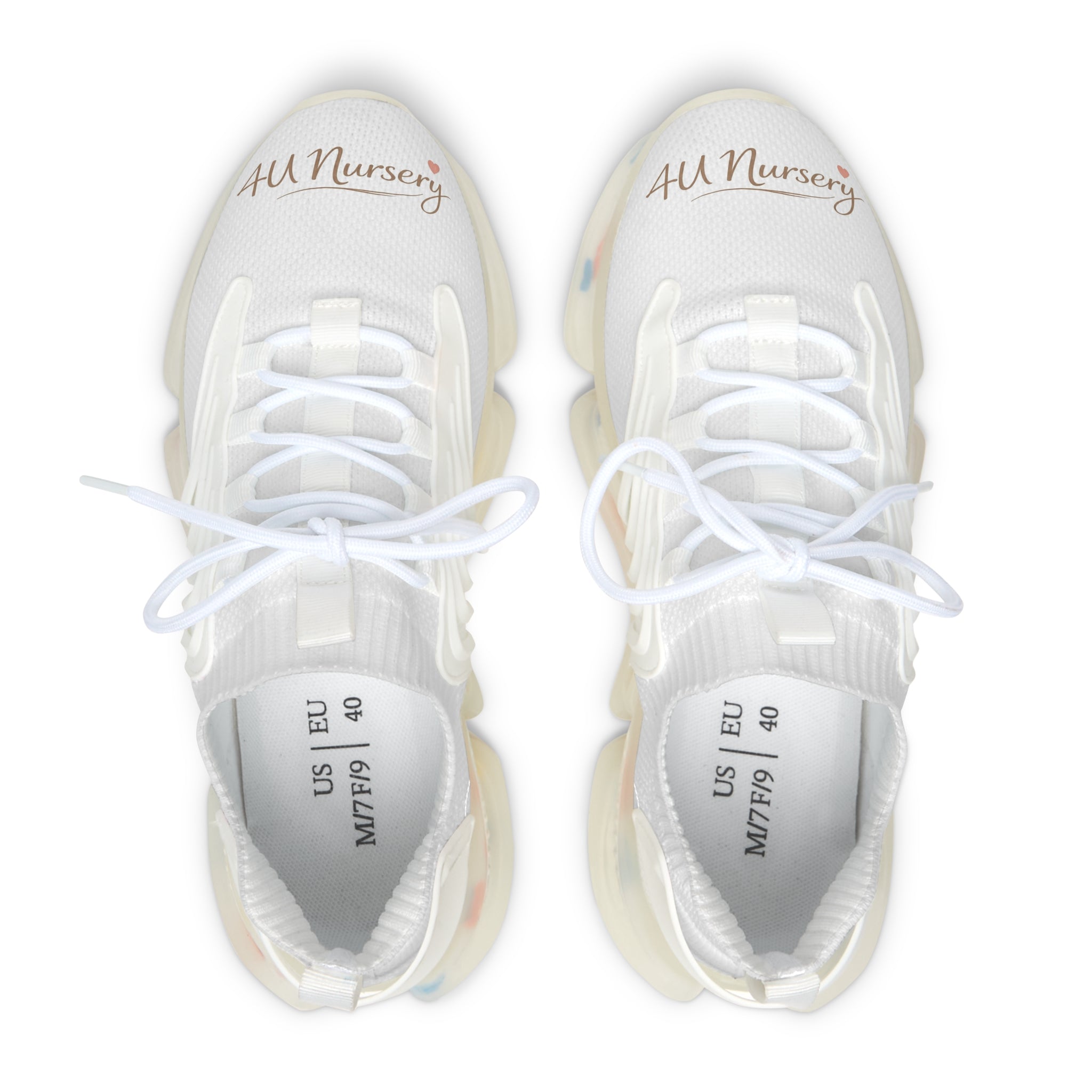 Women's Mesh Sneakers — Lightweight White Knit Runners with Colorful Sole & '4U Nursery' Script