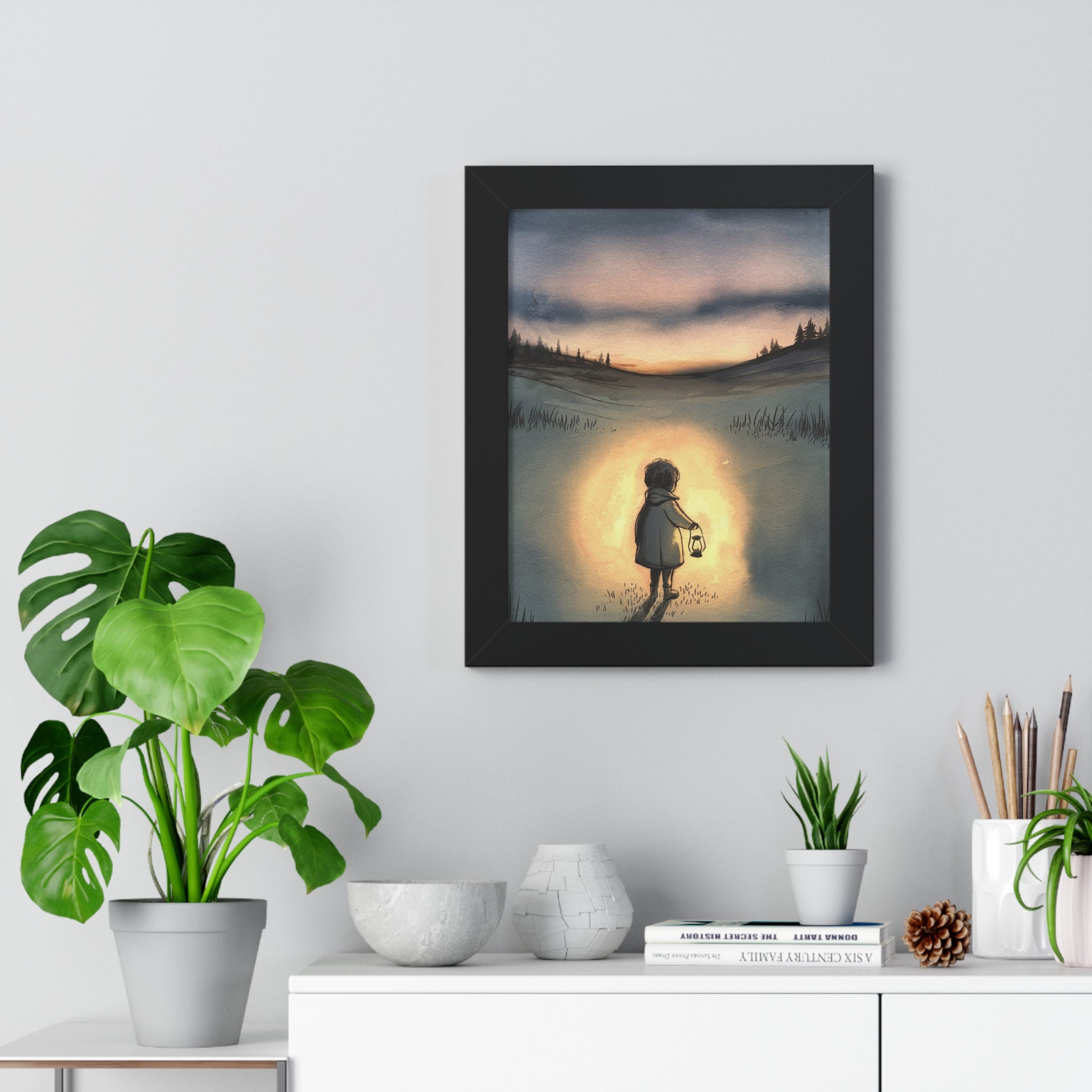 Framed Poster — Child with Lantern Nightscape Art Print