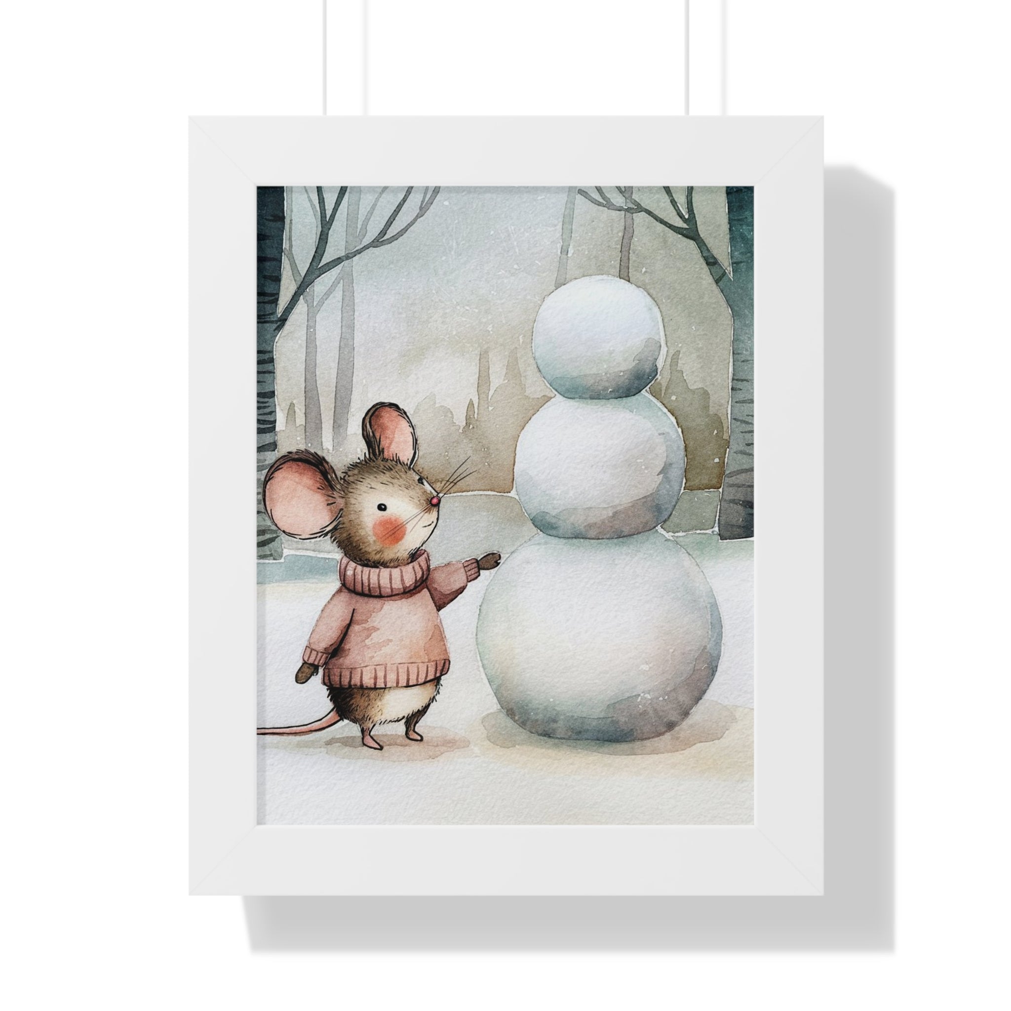 Framed Poster — Cute Mouse with Snowman Winter Wall Art