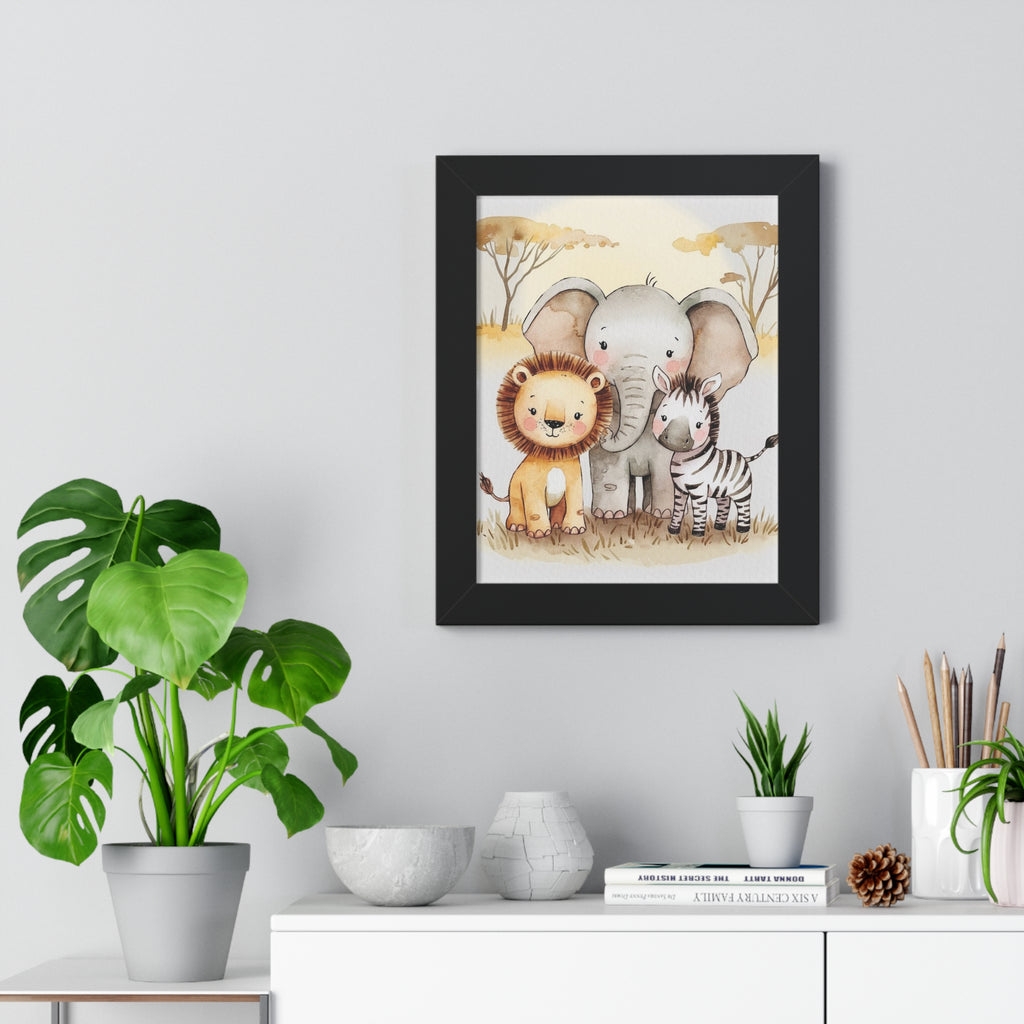Safari Nursery Framed Poster — Cute Lion, Elephant & Zebra Wall Art