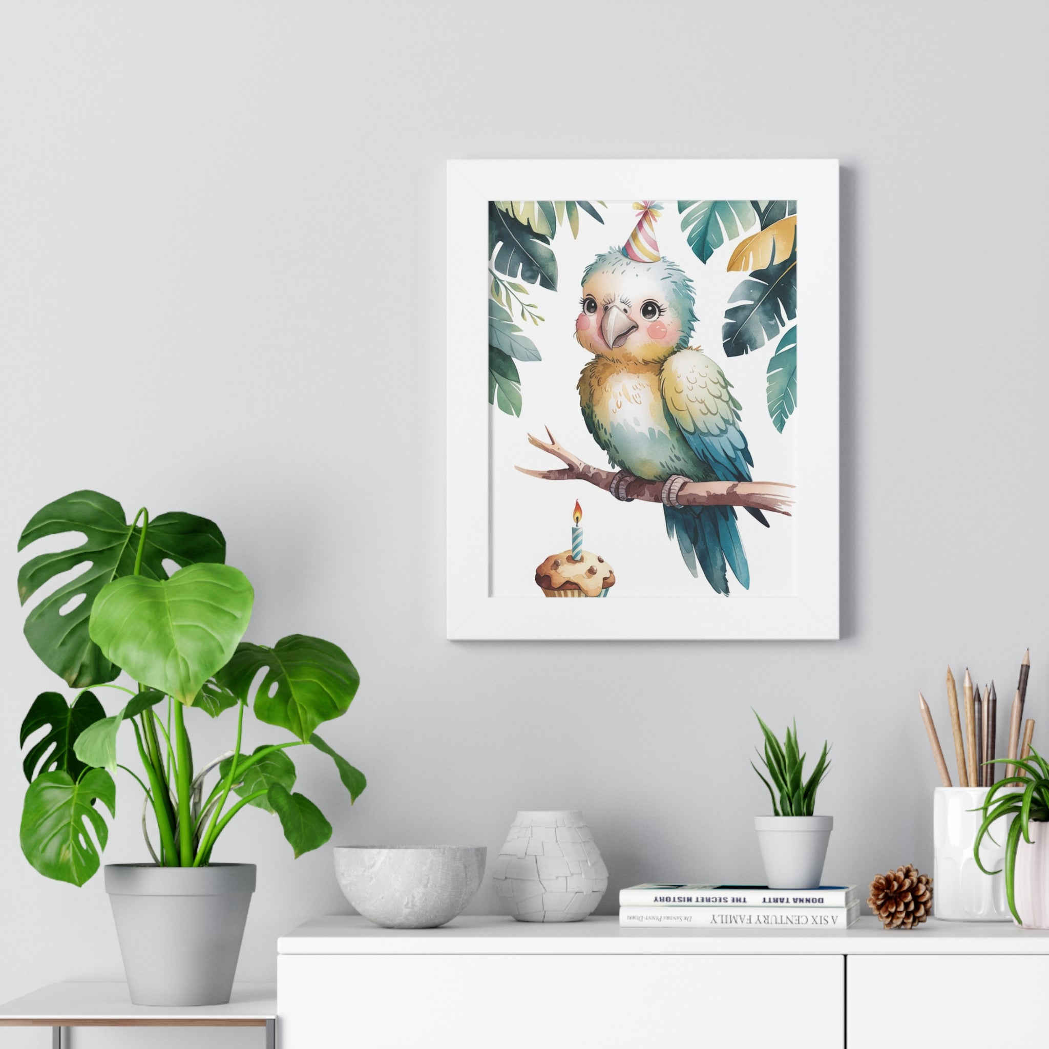 Birthday Parrot Framed Poster — Cute Tropical Bird Wall Art for Kids’ Room