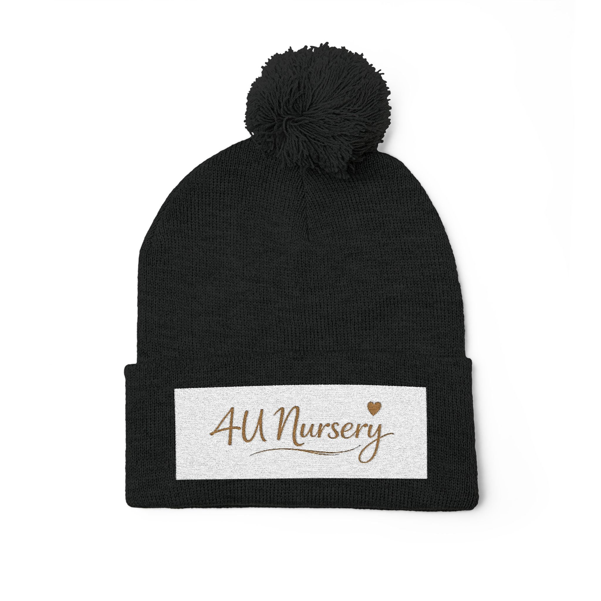 Embroidered Pom-Pom Beanie — "All Nursery" Heart Knit Cap