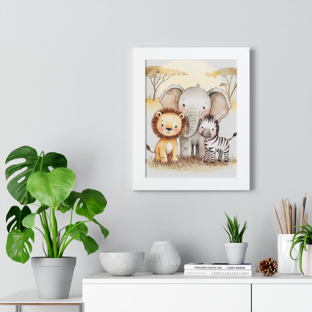 Safari Nursery Framed Poster — Cute Lion, Elephant & Zebra Wall Art